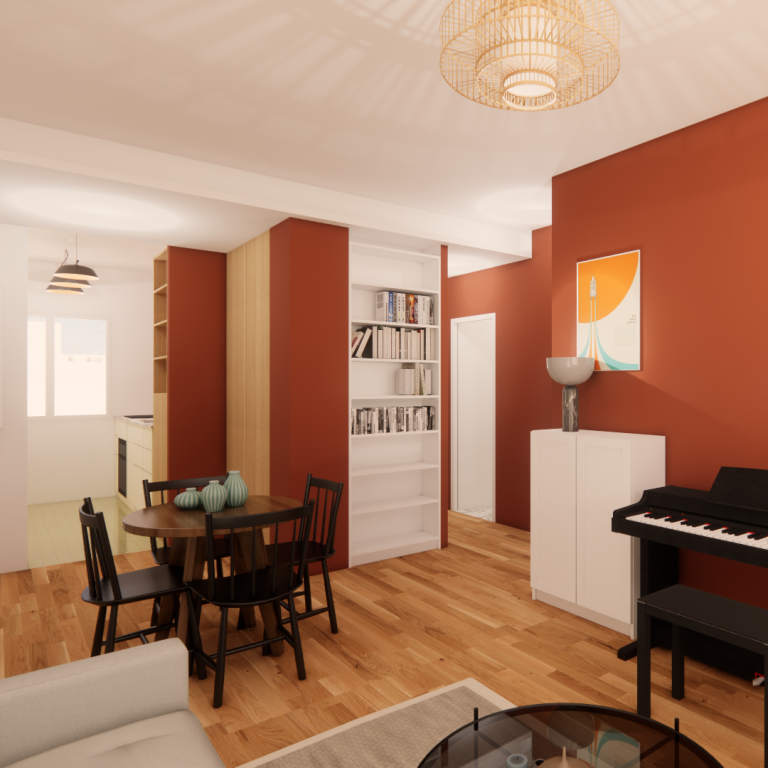 salon - aménagement - salle à manger - cuisine ouverte - terra motta - Ikea - blanc - piano - bois Intérieur moderne avec murs rouille, mobilier minimaliste et piano dans un salon lumineux.