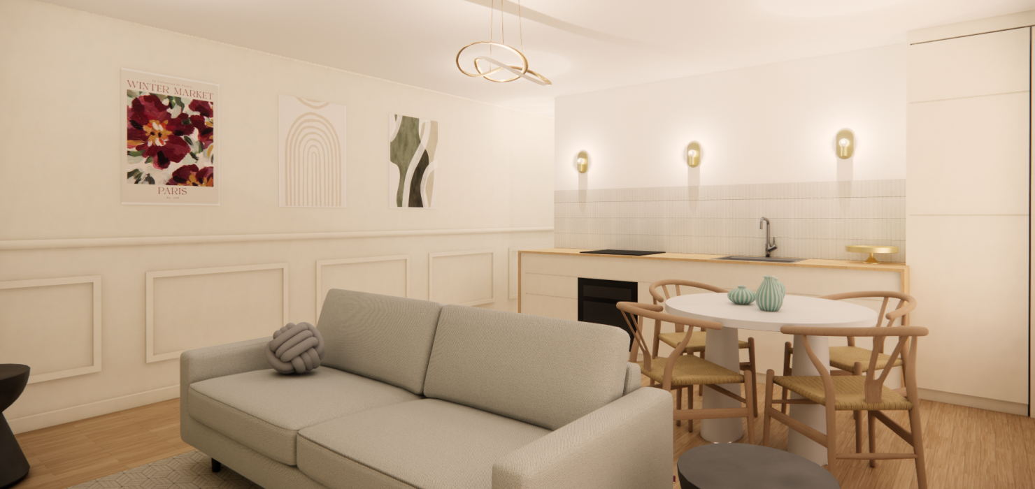 séjour - salle à manger - cuisine ouverte - minimalisme - naturel - bois - zellige - laiton doré Salon moderne avec canapé gris, table à manger, et cuisine ouverte. Décor épuré.