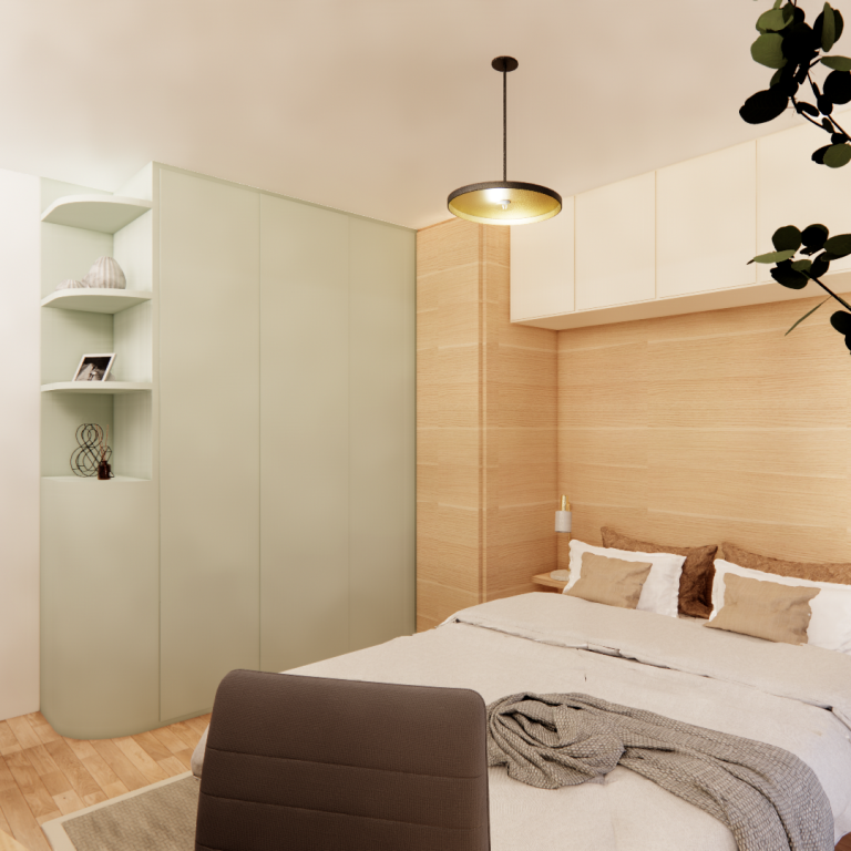chambre parentale - vert d'eau - aménagement sur-mesure - lit - dressing Chambre moderne avec lit double, murs en bois clair et rangement vert pâle.