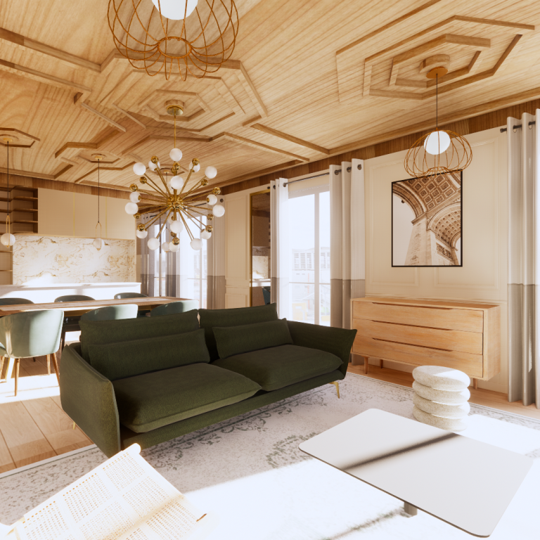 appartement - luxe - paris - arc de triomphe - vert sapin - ornement - sur-mesure Salon moderne avec canapé vert, table en bois et éclairage design, ambiance chaleureuse.