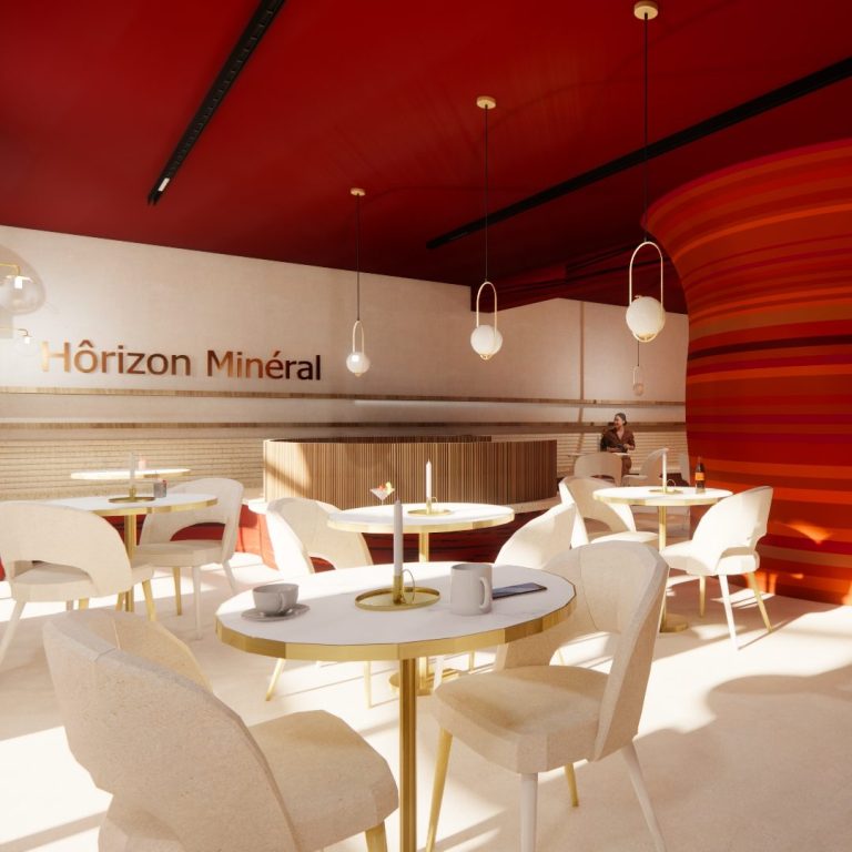 restaurant - hôtel - luxe - paris Intérieur moderne d'un café avec des tables rondes et un décor aux couleurs chaudes.