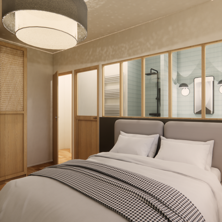 chambre parentale - verrière - luxe - cocooning Chambre moderne avec lit double, murs clairs, et lumière douce. Décor en bois et touches élégantes.