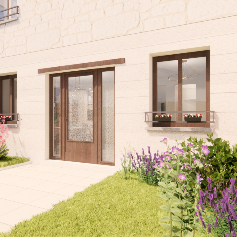 extérieur - aménagement - jardin - façade - pierre Entrée d'une maison avec des fenêtres et des fleurs dans le jardin.